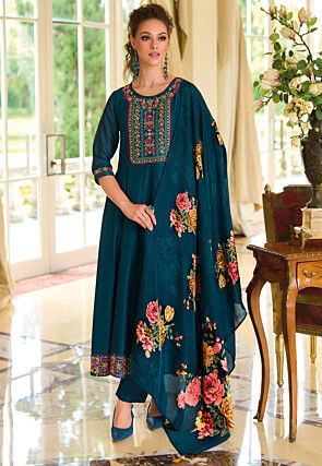 Embroidered Art Silk Anarkali Suit in Teal Blue