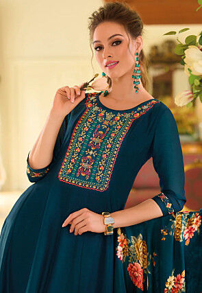Embroidered Art Silk Anarkali Suit in Teal Blue
