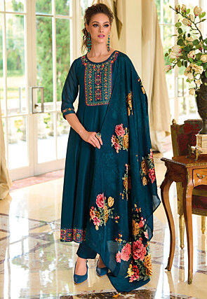 Embroidered Art Silk Anarkali Suit in Teal Blue