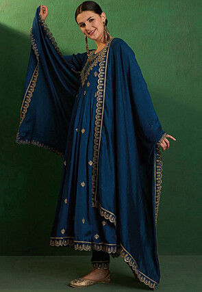 Embroidered Art Silk Anarkali Suit in Teal Blue