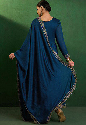 Embroidered Art Silk Anarkali Suit in Teal Blue