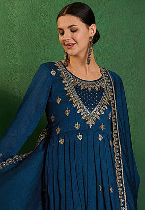Embroidered Art Silk Anarkali Suit in Teal Blue