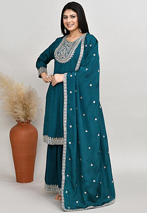 Embroidered Art Silk Anarkali Suit in Teal Blue
