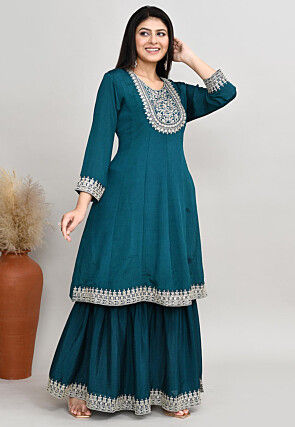 Embroidered Art Silk Anarkali Suit in Teal Blue