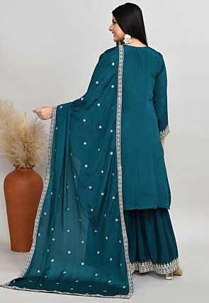 Embroidered Art Silk Anarkali Suit in Teal Blue