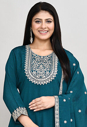 Embroidered Art Silk Anarkali Suit in Teal Blue