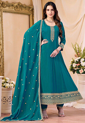 Embroidered Art Silk Anarkali Suit in Teal Blue