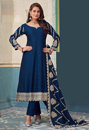 Embroidered Art Silk Anarkali Suit in Teal Blue