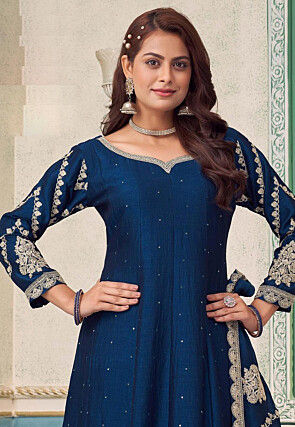 Embroidered Art Silk Anarkali Suit in Teal Blue