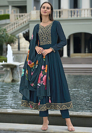 Embroidered Art Silk Anarkali Suit in Teal Blue