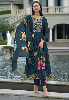 Embroidered Art Silk Anarkali Suit in Teal Blue