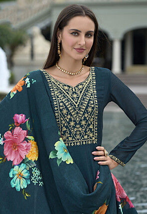 Embroidered Art Silk Anarkali Suit in Teal Blue