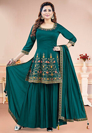 Embroidered Art Silk Anarkali Suit in Teal Green