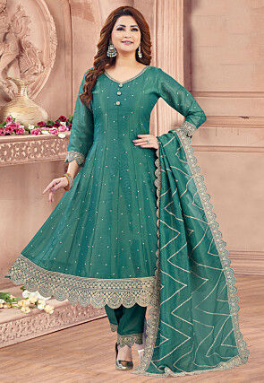 Embroidered Art Silk Anarkali Suit in Teal Green