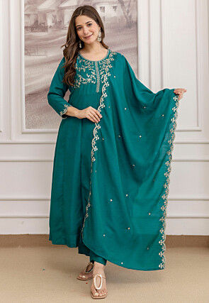Embroidered Art Silk Anarkali Suit in Teal Green