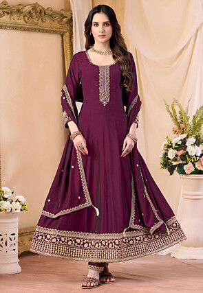 Embroidered Art Silk Anarkali Suit in Violet