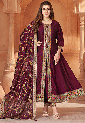 Embroidered Art Silk Anarkali Suit in Wine