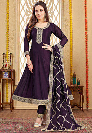 Embroidered Art Silk Anarkali Suit in Wine