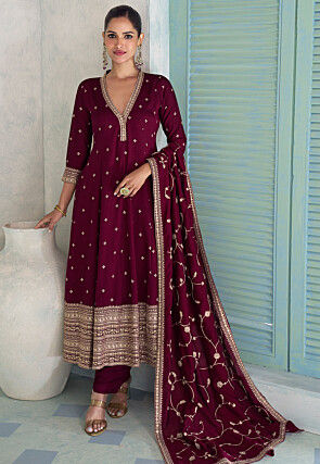 Embroidered Art Silk Anarkali Suit in Wine