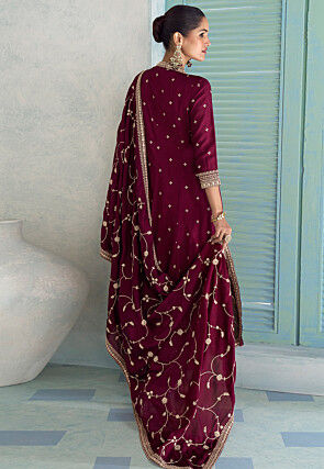Embroidered Art Silk Anarkali Suit in Wine