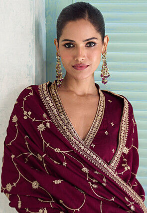 Embroidered Art Silk Anarkali Suit in Wine