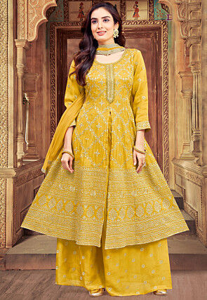 Embroidered Art Silk Anarkali Suit in Yellow