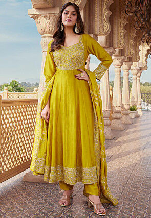 Embroidered Art Silk Anarkali Suit in Yellow