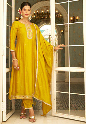 Embroidered Art Silk Anarkali Suit in Yellow