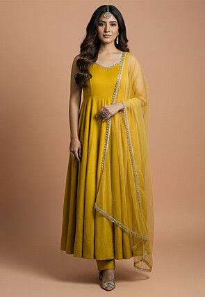 Embroidered Art Silk Anarkali Suit in Yellow
