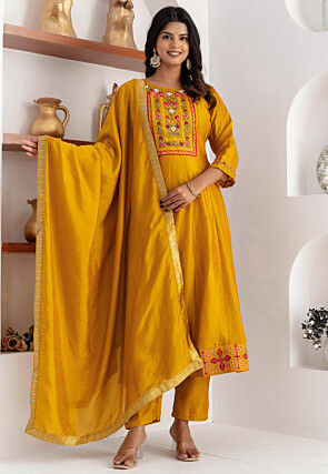 Embroidered Art Silk Anarkali Suit in Yellow