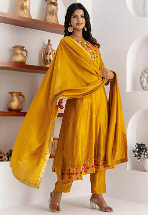 Embroidered Art Silk Anarkali Suit in Yellow