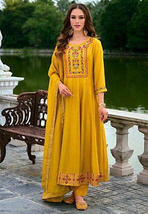 Embroidered Art Silk Anarkali Suit in Yellow
