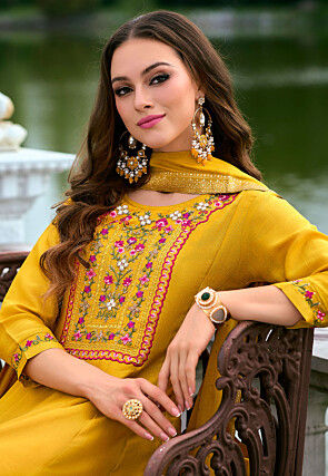 Embroidered Art Silk Anarkali Suit in Yellow