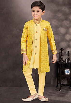 Embroidered Art Silk and Banarasi Silk Sherwani in Yellow