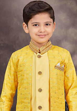 Embroidered Art Silk and Banarasi Silk Sherwani in Yellow
