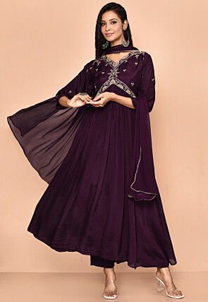 Hand Embroidered Art Silk and Chinon Chiffon Aline Suit in Dark Purple