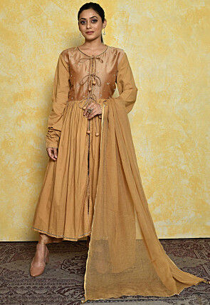 Embroidered Art Silk and Cotton Front Slit Pakistani Suit in Beige