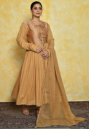 Embroidered Art Silk and Cotton Front Slit Pakistani Suit in Beige