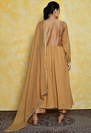 Embroidered Art Silk and Cotton Front Slit Pakistani Suit in Beige
