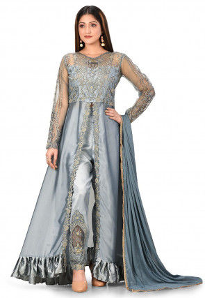 Embroidered Art Silk and Net Abaya Style Suit in Light Grey