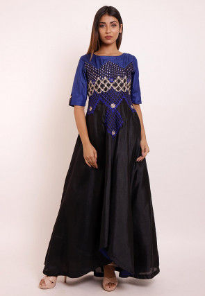 Embroidered Art Silk Asymmetric Gown in Black and Blue
