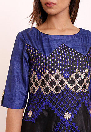 Embroidered Art Silk Asymmetric Gown in Black and Blue