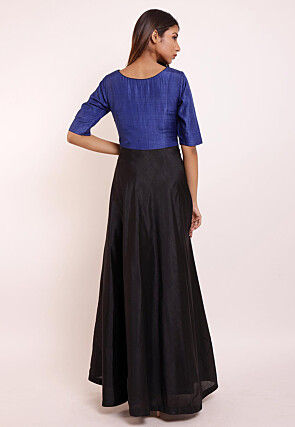 Embroidered Art Silk Asymmetric Gown in Black and Blue