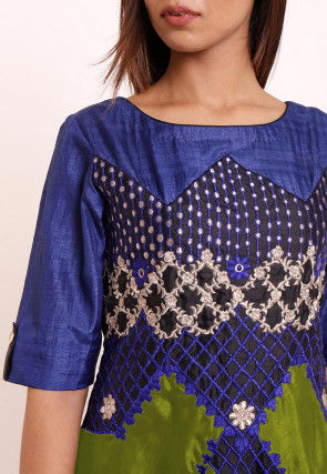 Embroidered Art Silk Asymmetric Gown in Olive Green and Royal Blue