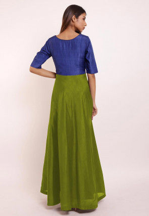 Embroidered Art Silk Asymmetric Gown in Olive Green and Royal Blue