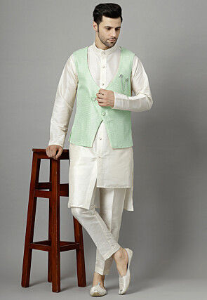 Embroidered Art Silk Asymmetric Kurta Set in Off White and Light Green