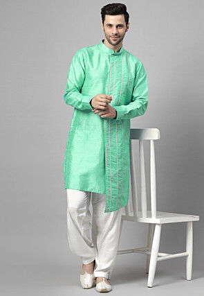 Embroidered Art Silk Asymmetric Kurta Set in Light Green