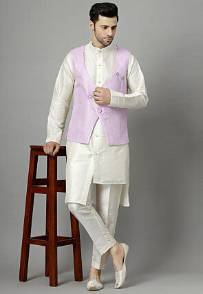 Embroidered Art Silk Asymmetric Kurta Set in Off White and Light Purple
