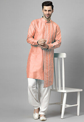 Embroidered Art Silk Asymmetric Kurta Set in Peach