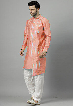 Embroidered Art Silk Asymmetric Kurta Set in Peach